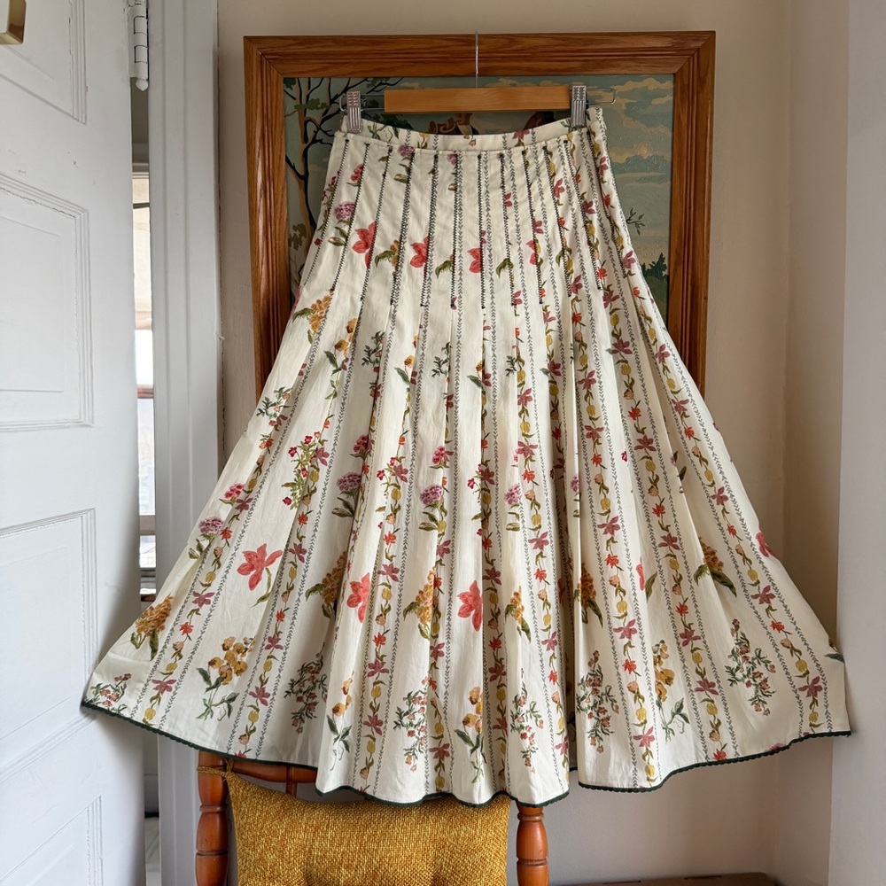 Zara Botanical Floral Pleated Midi Skirt Cottagecore Prairie Cotton Flowy NWT XL